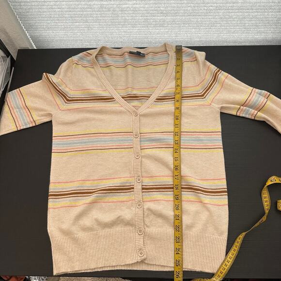 ModCloth Tan Striped V-Neck 3/4 Sleeve Button Front Cardigan Women's Size Large - Picture 11 of 12